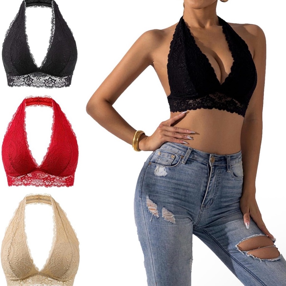 Elegant Lace Halter Top - Black, Red, and Cream